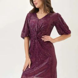 Globus Women Burgundy V-Neck Puff Sleeves Twisted Detail Sequinned Mini Sheath Party Dress-image-57