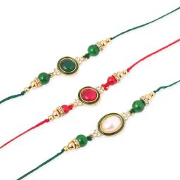 NVR Men Set of 3 Multicolor Beads & Pearls Thread Rakhi with Roli Chawal Chandan & Mishri image 2