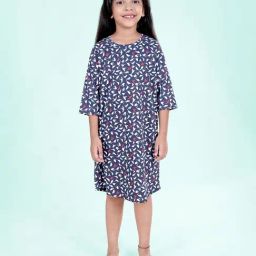 Kiddopanti Girls Navy Cotton Regular Fit Printed Dress-image-90