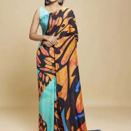 navyasa by liva Blue & Mustard Printed Saree With Unstitched Blouse-28