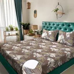 Klotthe Brown Cotton Blend Printed 300 TC King Fitted Bedsheet with 2 Pillow Covers-picture-16