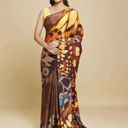 navyasa by liva Brown Printed Saree With Unstitched Blouse-image-56