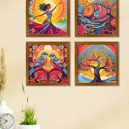 ArtVibes Yellow & Blue 4 Pieces Printed Wooden Wall Arts-33