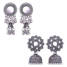 DIVASTRI Set Of 2 Silver-Plated Peacock Shaped Oxidised Jhumkas Earrings-1