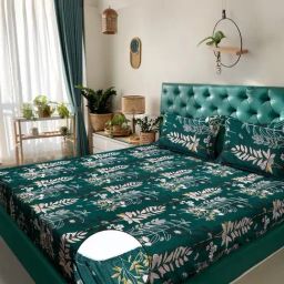 Klotthe Green Cotton Blend Printed 300 TC King Fitted Bedsheet with 2 Pillow Covers-picture-21