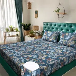 Klotthe Blue Cotton Blend Printed 300 TC King Fitted Bedsheet with 2 Pillow Covers-picture-17