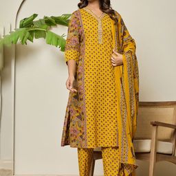 AUTUMN LANE Mika Corn Floral Printed Mirror Work Pure Cotton Kurta With Trousers & Dupatta-image-5