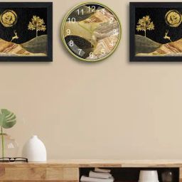 Random Black & Beige Printed Traditional Wall Clock with 2 Photo Frames-picture-46