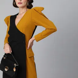 KASSUALLY Women Black & Mustard Yellow Colourblocked Wrap Dress-image-39