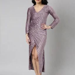 SHOWOFF Mauve Self Design Wrap Dress-image-37