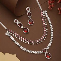 Saraf RS Jewellery Silver Plated Red Ruby Studded Double Lined Modern Bridal Jewellery Set-0