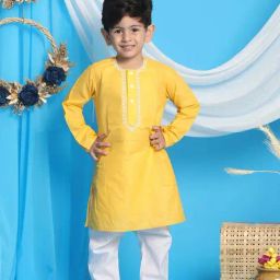 VASTRAMAY Boys Yellow & White Embroidery Full Sleeves Kurta Sets-image-85