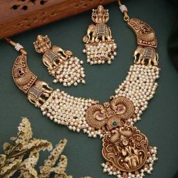 Saraf RS Jewellery Gold Toned Pearl Cluster Elephant Statement Choker Jewellery Set-image-27