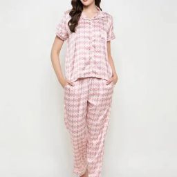 Clovia Pink Satin Printed Shirt & Pyjama Set-image-20