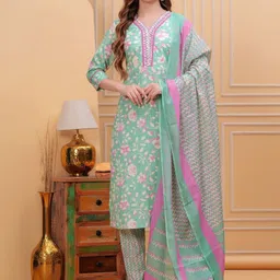 JVSP FASHION Women Floral Printed Regular Pure Cotton Kurta with Trousers & With Dupatta-49