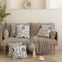 Clasiko White & Blue 5 Pieces Floral Printed Square Cotton Cushion Covers-image-55