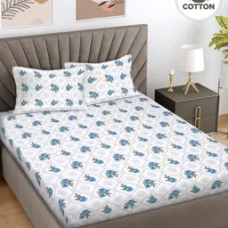FABINALIV White & Blue Printed Pure Cotton 300 TC King Size Bedsheet Set 2.5 m x 2.25 m-image-33