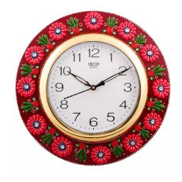 eCraftIndia KWC526 Vibrant Red Floral Crafted Papier-Mache Wooden Handcrafted Wall Clock-image-8