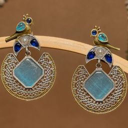 NAMAN ARTS Silver Plated Artificial Stones Studded Peacock Shaped Drop Earrings-picture-3