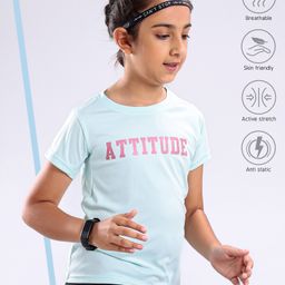 Pine Active Skin Friendly & Breathable Half Sleeves T-shirt with Foil Text Print - Aqua Blue-image-52