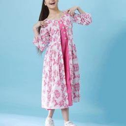 Pspeaches Sleeveless Solid Dress With Three Fourth Sleeves Floral Printed Long Shrug - Pink-picture-5