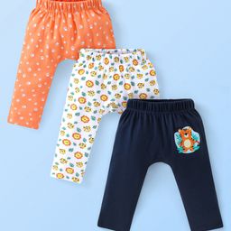 Babyhug Cotton Knit Full Length Diaper Pants Paws Print - Orange Off White & Navy-image-54