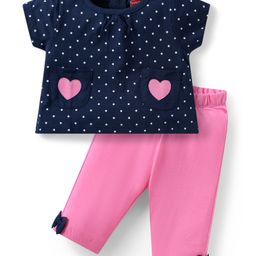 Babyhug Cotton Knit Half Sleeves Night Suit with Utility Pockets & Bow Applique Heart & Polka Dots Print - Blue & Pink-image-80