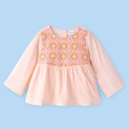 Babyhug Full Sleeves 100% Rayon Woven Gathered Top with Embroidery Detailing - Peach-image-93