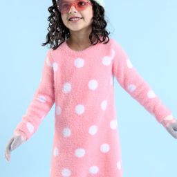 Babyhug Knit Full Sleeves Woollen Dress Polka Dot Design - Pink-image-60