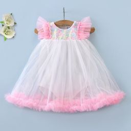 Mark & Mia Sleeveless Knee Length Party Onesie with Met & Frill Detailing - Cream & Pink-image-89