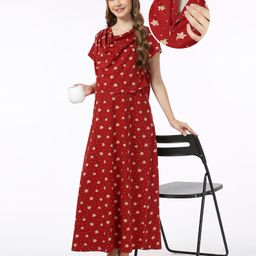 Bella Mama 100% Cotton Knit Half Sleeves Concealed Zipper Nursing Nighty Star Print -  Maroon-image-94