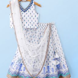 Babyhug Sleeveless Printed Choli Lehenga Set with Dupatta Embroidery Detailing - White-image-87