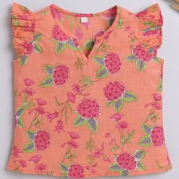 The Magic Wand Cap Frill Sleeves Floral Printed Cotton Top - Peach-picture-21