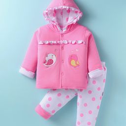 Child World Cotton Knit Full Sleeves Winter Wear Hooded Sweatjacket & Joggers Set with Sparrow Patch & Print - Pink-image-1