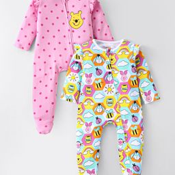 Babyhug Disney Interlock Knit Full Sleeves Sleep Suit with Frill Detailing & Winnie the Pooh Print Pack of 2 - Pink &White-image-31