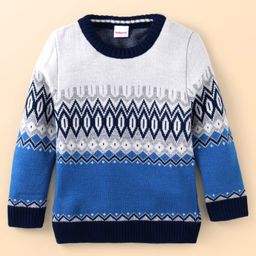 Babyhug Knitted Full Sleeves Pullover Sweater With Chevron Design - White & Blue-image-47