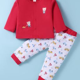 ToffyHouse Interlock Knit Full Sleeves Vehicle & Bear Printed Night Suit - Red & White-13