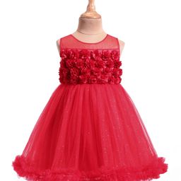 Babyhug Woven Sleeveless Mesh Party Dress with Floral Applique & Shimmer Detailing - Red-image-38
