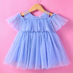 Babyhug Woven Cold Shoulder Sleeves Glitter Printed Fit & Flared Party Frock with Frill Detailing - Light Blue-image-9