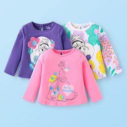 Babyhug Disney Single Jersey Knit Full Sleeves T-Shirts With Cinderella Graphics Pack of 3 - Purple & Pink-image-30