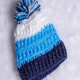 Knits & Knots Woollen Blend Colour Blocked Handmade Cap - White & Blue-picture-29