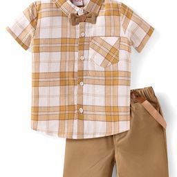 Babyhug Cotton Woven Half Sleeves Checkered Shirt & Shorts Set with Suspender & Bow Applique - Light Brown-picture-35
