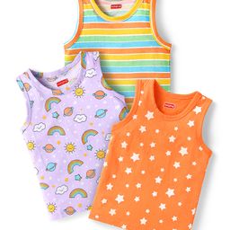 Babyhug 100% Cotton Single Jersey Knit Sleeveless Antibacterial Sandos With Striped Rainbow & Star Print Pack Of 3 - Orange Purple & Yellow-image-30