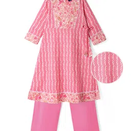 Pine Kids Viscose Woven Three Fourth Sleeves Floral Printed Kurta Salwar Set - Pink-picture-24