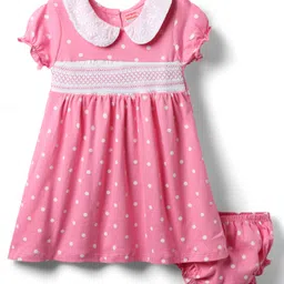Babyhug Cotton Woven Half Sleeves Frock With Polka Dot Print & Bloomer - Pink-picture-33