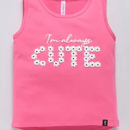 giniekids Cotton Blend Sleeveless Cute Text Printed Floral Embellished Vest - Pink-picture-24