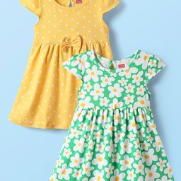 Babyhug Single Jersey Knit Cap Sleeves Frocks with Polka Dot & Floral Print Pack of 2 - Yellow & Green-image-57