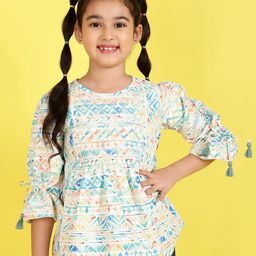 ISHTI Three Fourth Peasant Sleeves Abstract Printed Top - Multi Colour-image-10