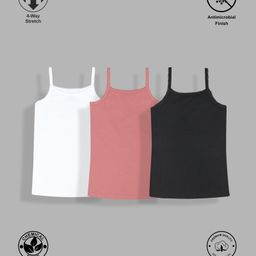 TRESNOVA Cotton Lycra Pack Of 3 Anti Microbial Finish & Advanced Ergonomic Armhole Technology Solid Soft Camisoles - White Pink & Black-image-55