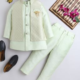 Ahhaaaa Silk Blend Full Sleeves Solid Kurta & Pant With Floral Embroidered Jacket Set - Light Green-image-74